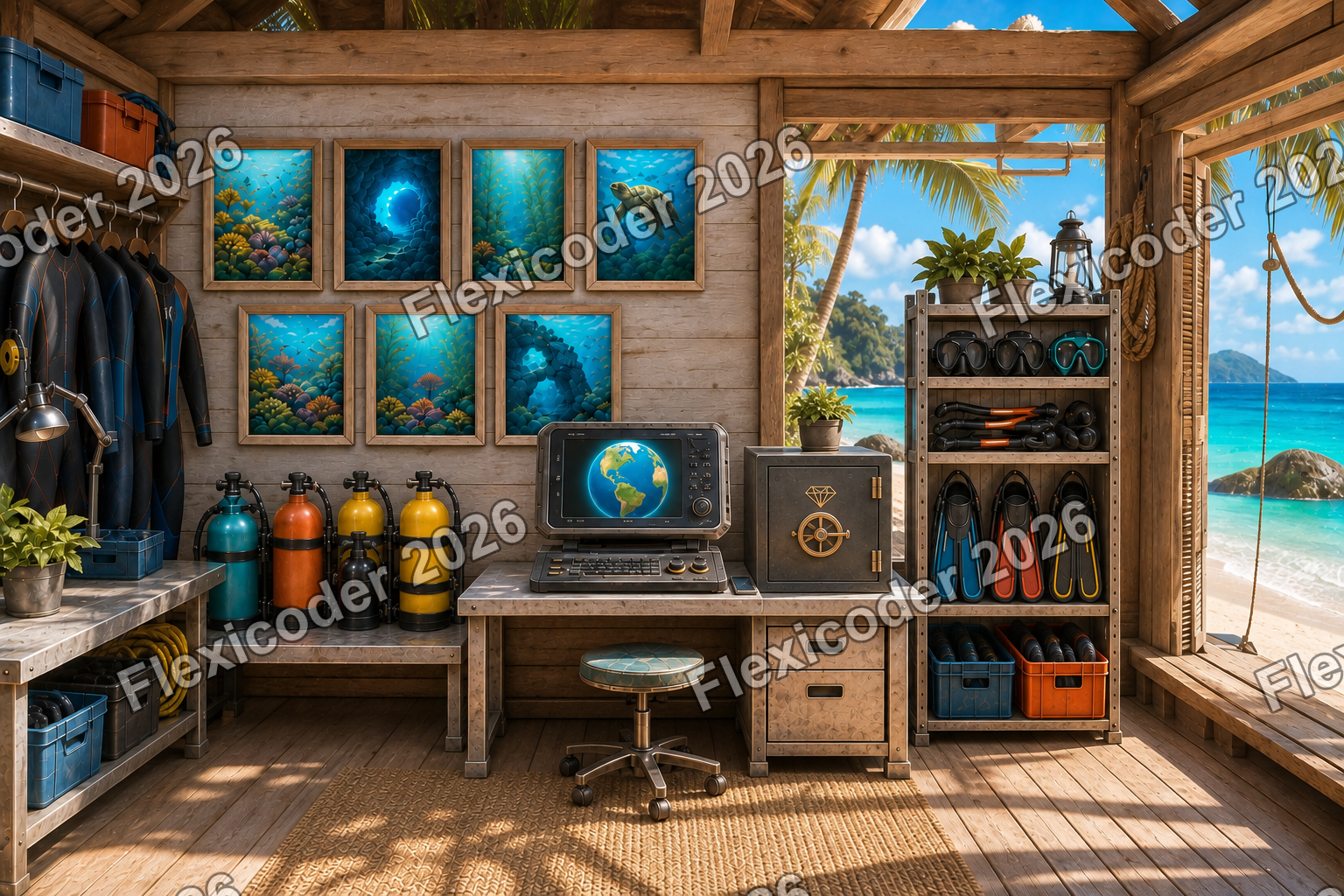 Wide tropical equipment room with posters, computer, safe and dive gear