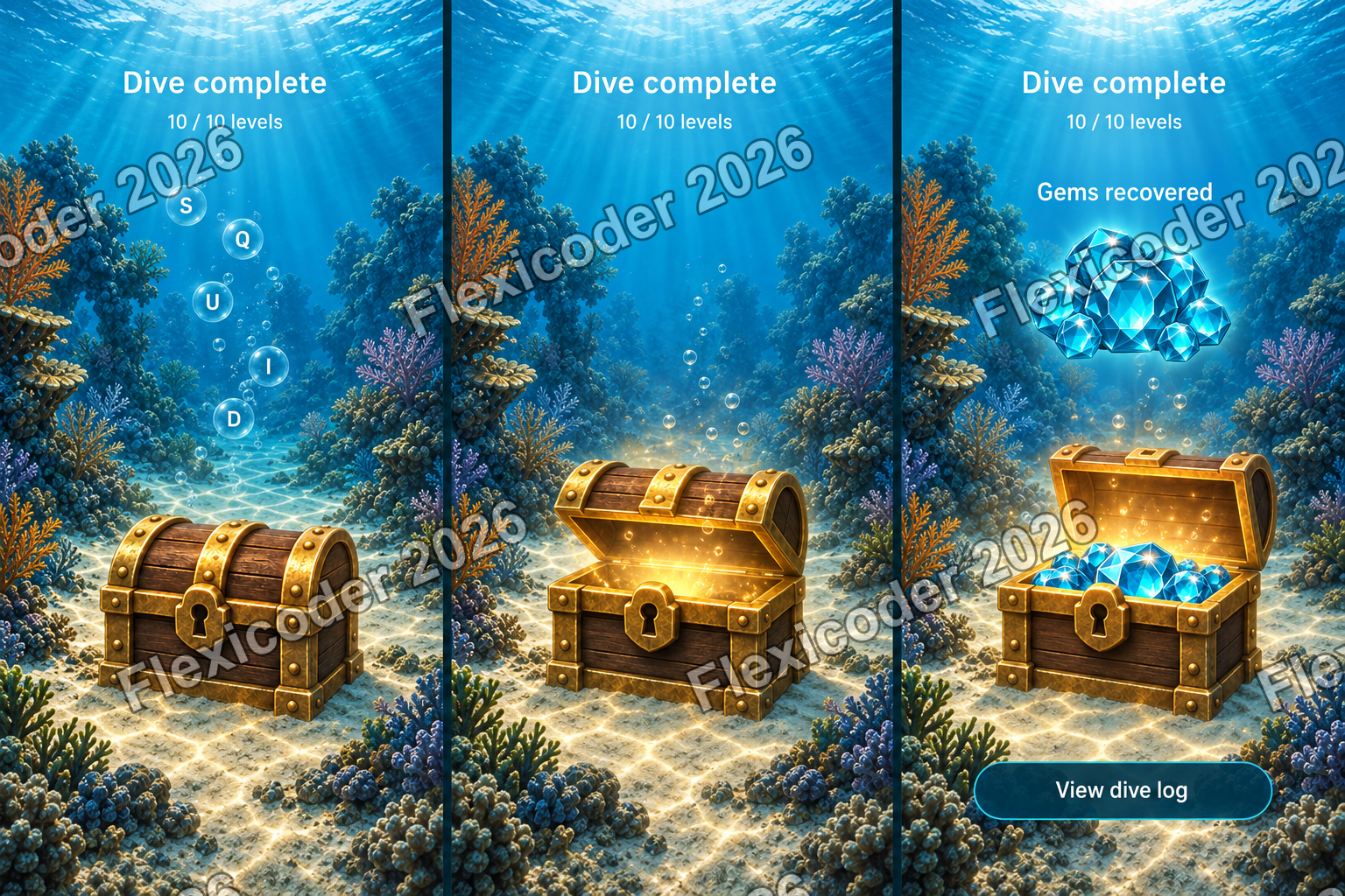 Three-panel underwater storyboard showing a treasure chest reveal