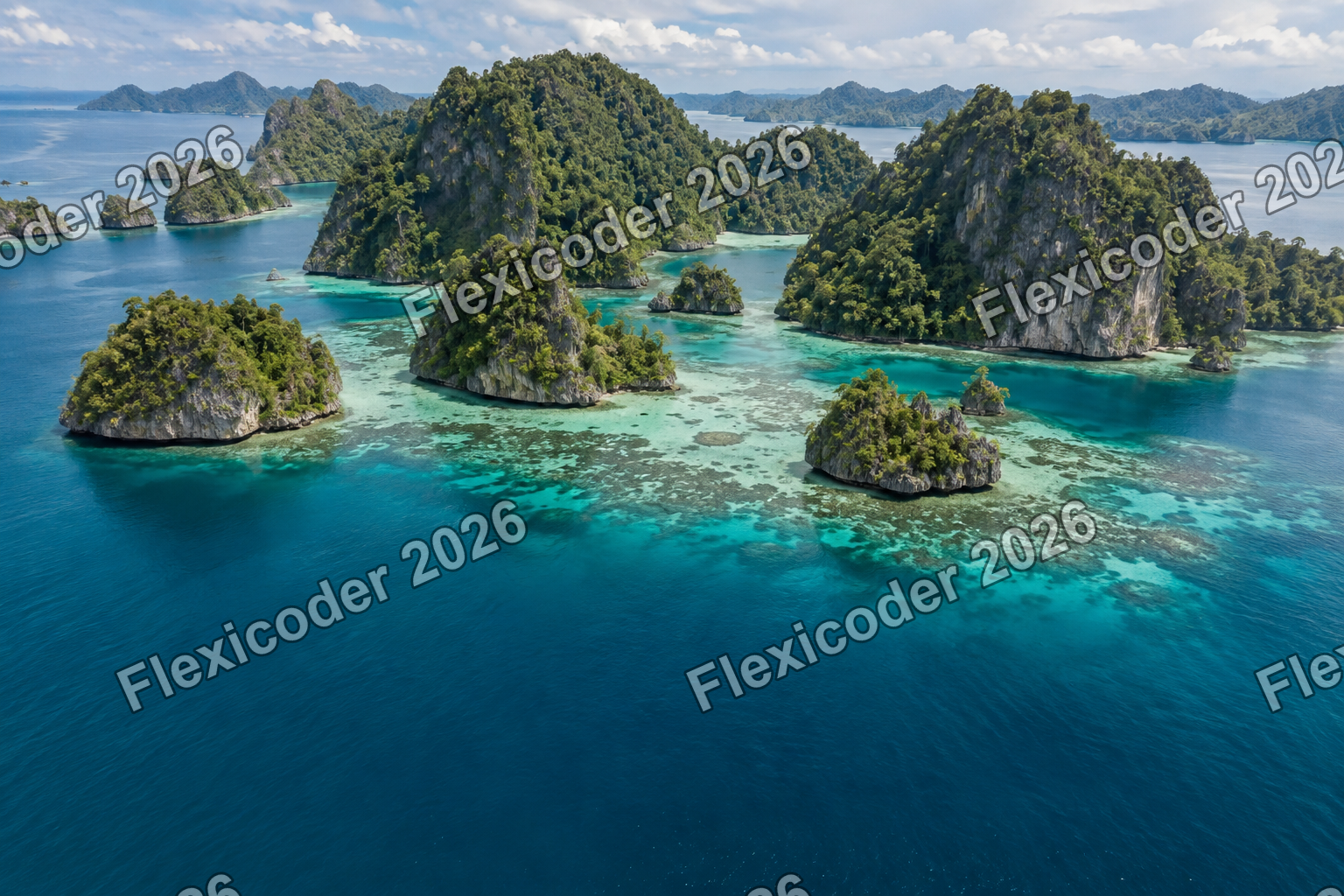 Aerial tropical seascape with limestone islands and clear blue channels