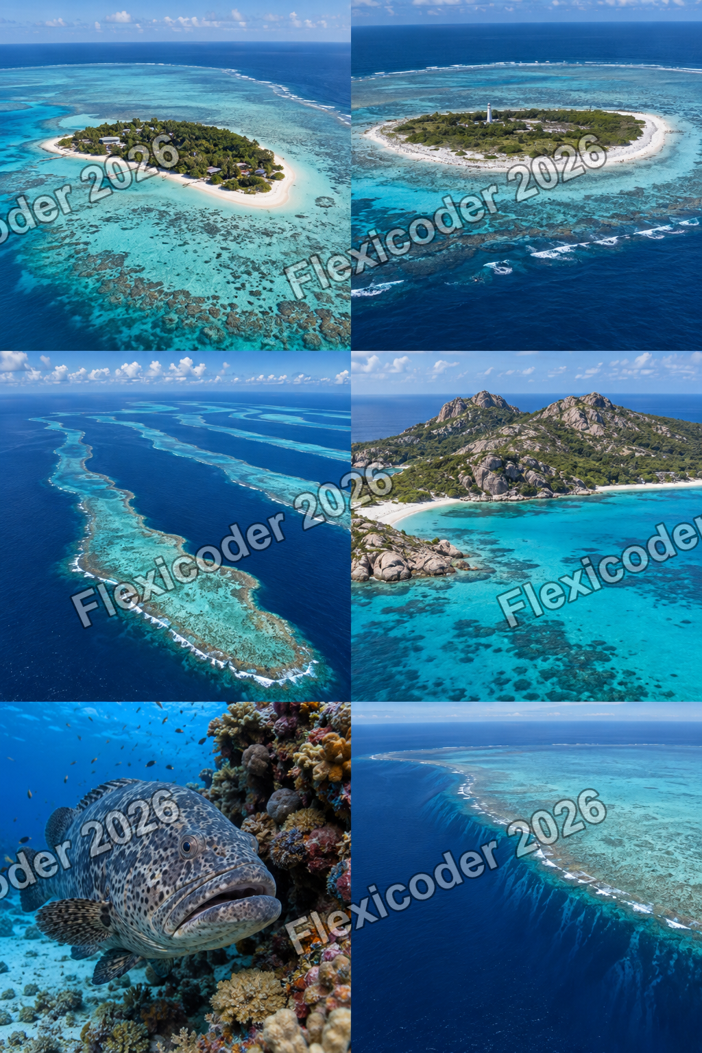 Six-panel contact sheet of Great Barrier Reef underwater scenes