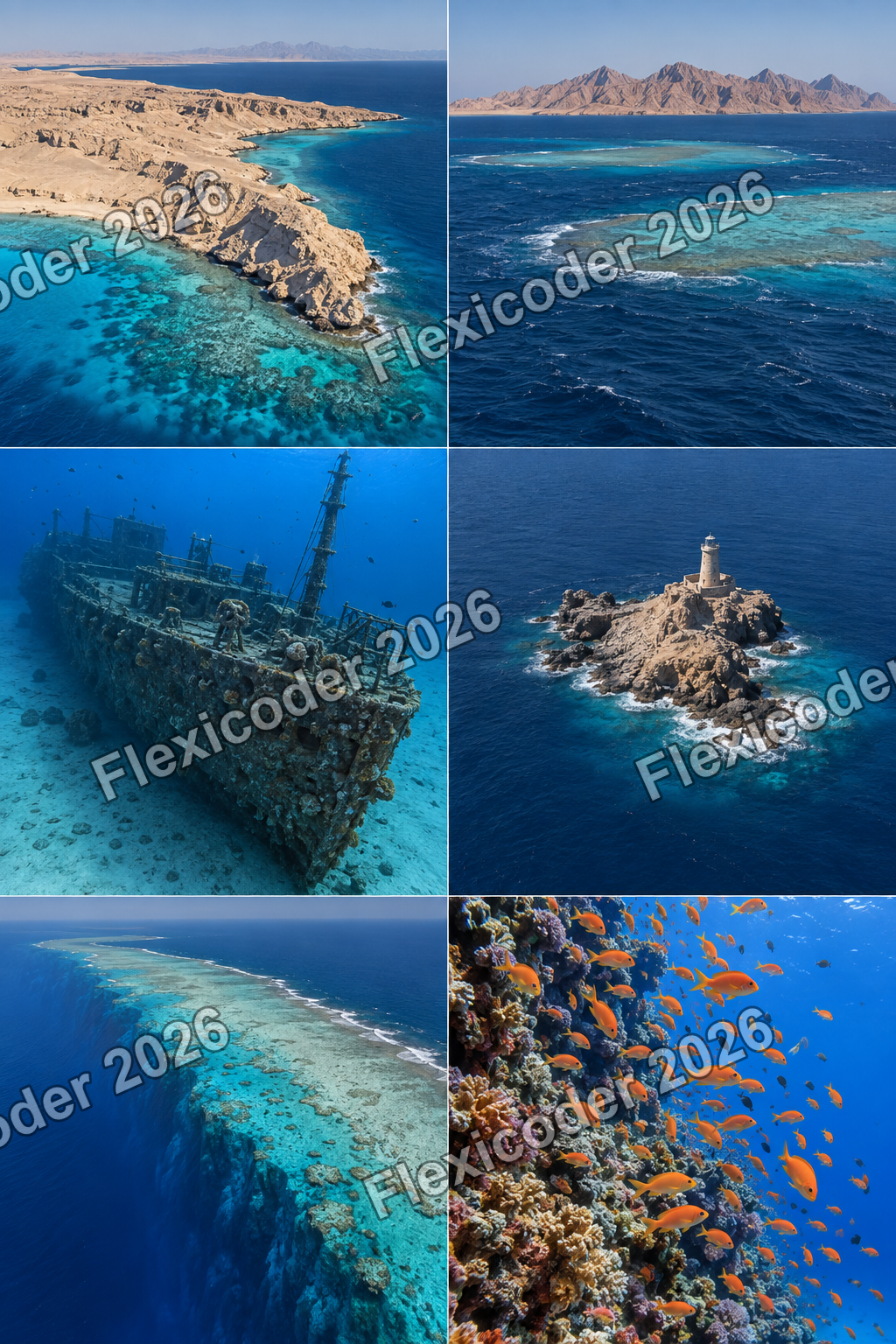 Six-panel contact sheet of Red Sea dive environments