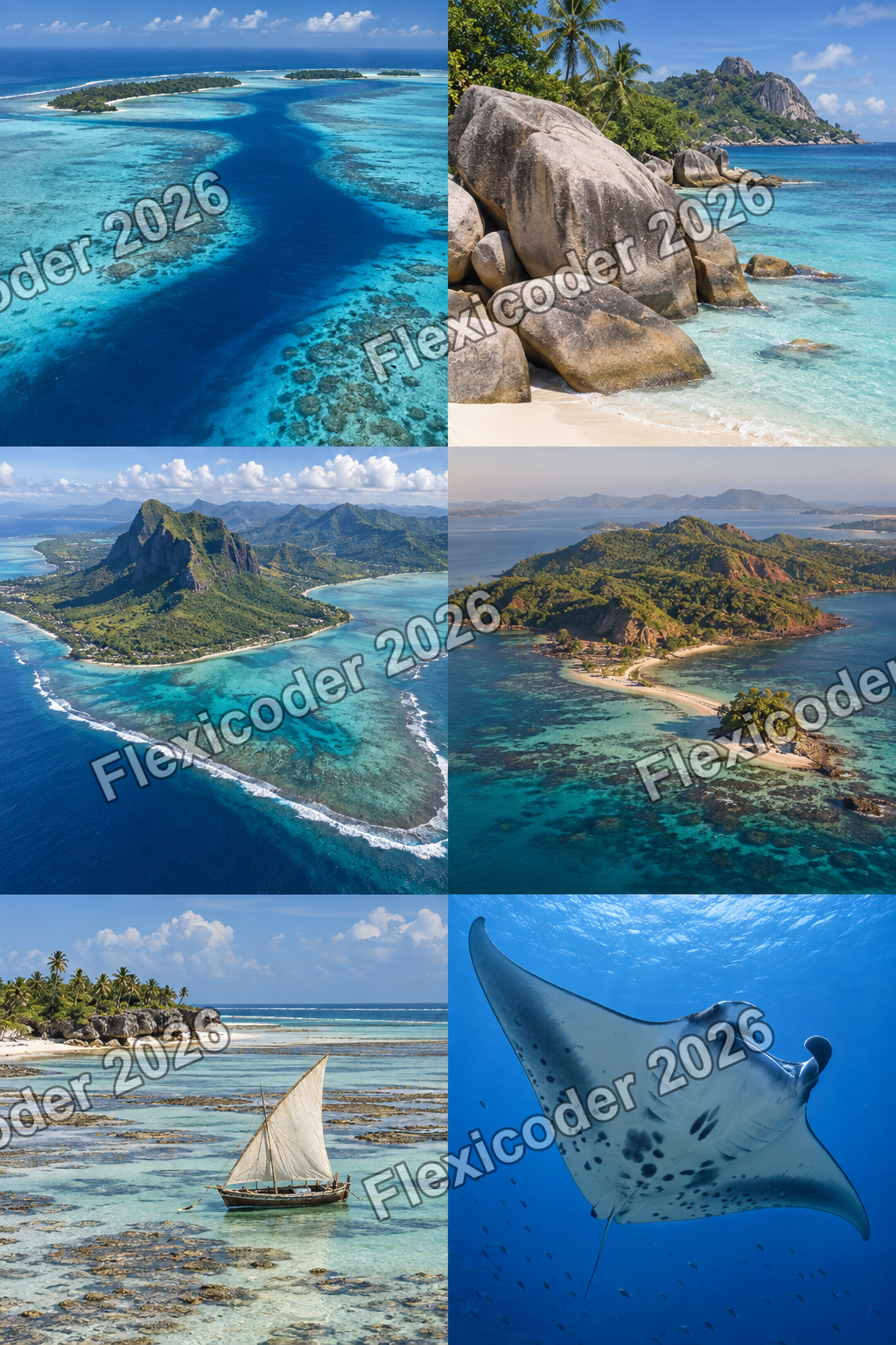 Six-panel contact sheet of Indian Ocean reef and island scenes