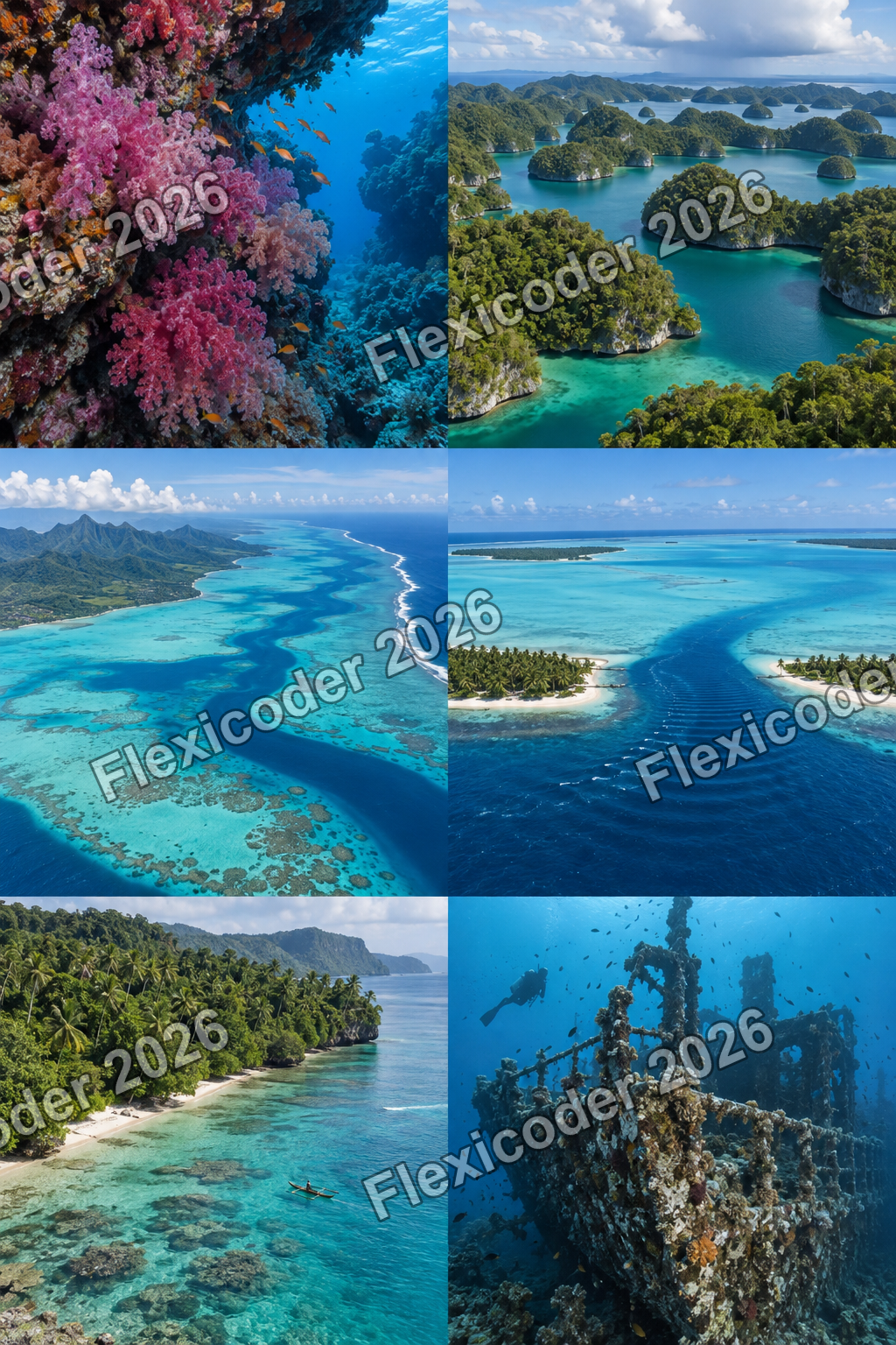 Six-panel contact sheet of Pacific reef, wreck and lagoon scenes