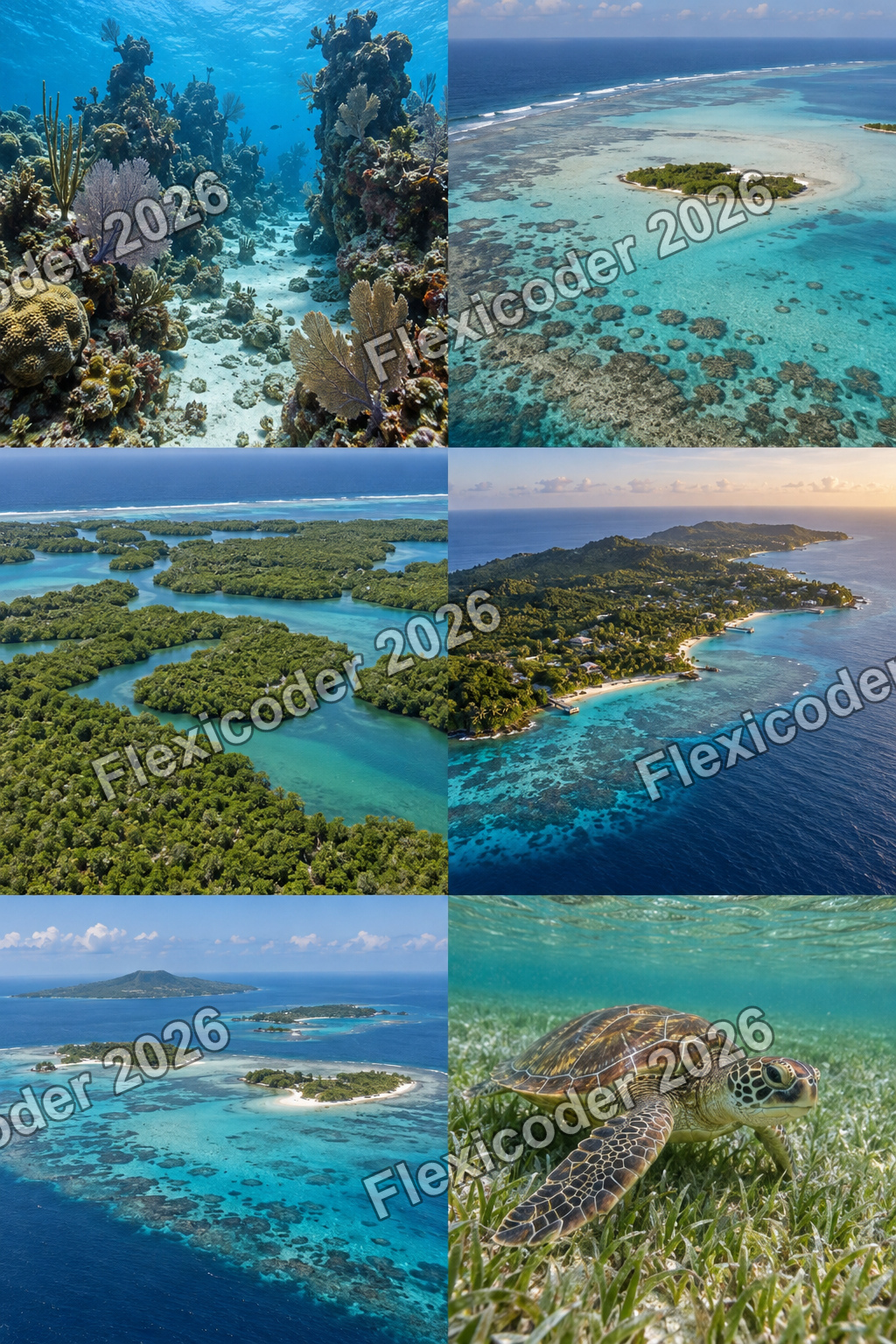 Six-panel contact sheet of Mesoamerican reefs and marine life